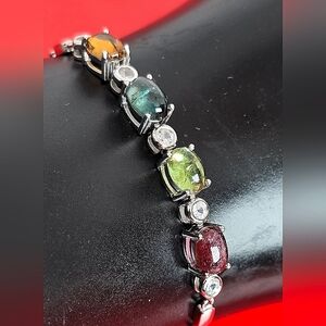 Natural Tourmaline & CZ 925 Adjustable Silver Bracelet.